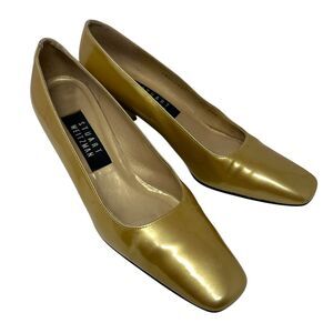 Stuart Weitzman Shiny Gold Square-Toe Low Heel Pumps